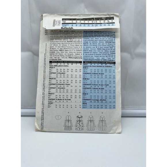 Butterick 3351 Girls Jacket Dress Sewing Pattern - 2-3-4-5 Formal Church Wedding - Picture 2 of 2